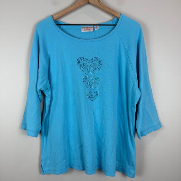 Quacker Factory Top Women's XL Blue Rhinestones Heart 3/4 Sleeve Pullover Artsy - Picture 1 of 9